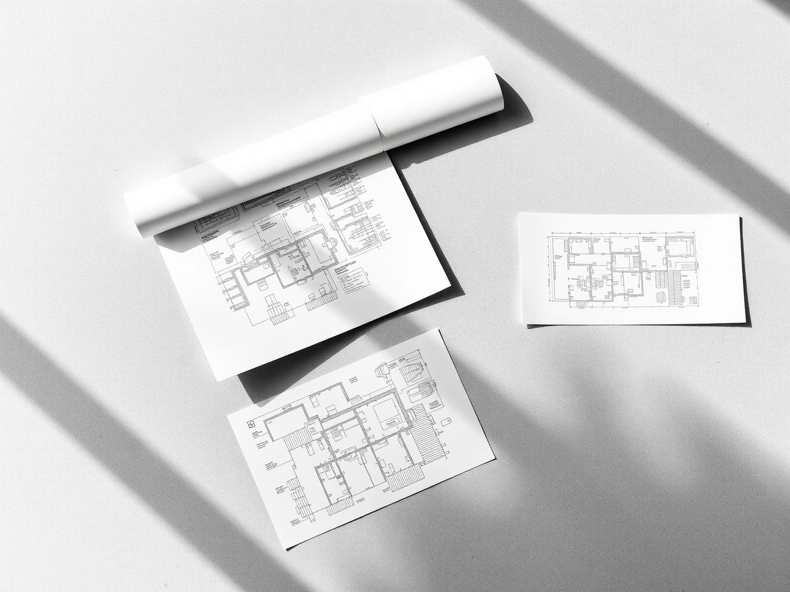 Architectural blueprints arranged on a light surface, representing audit documentation