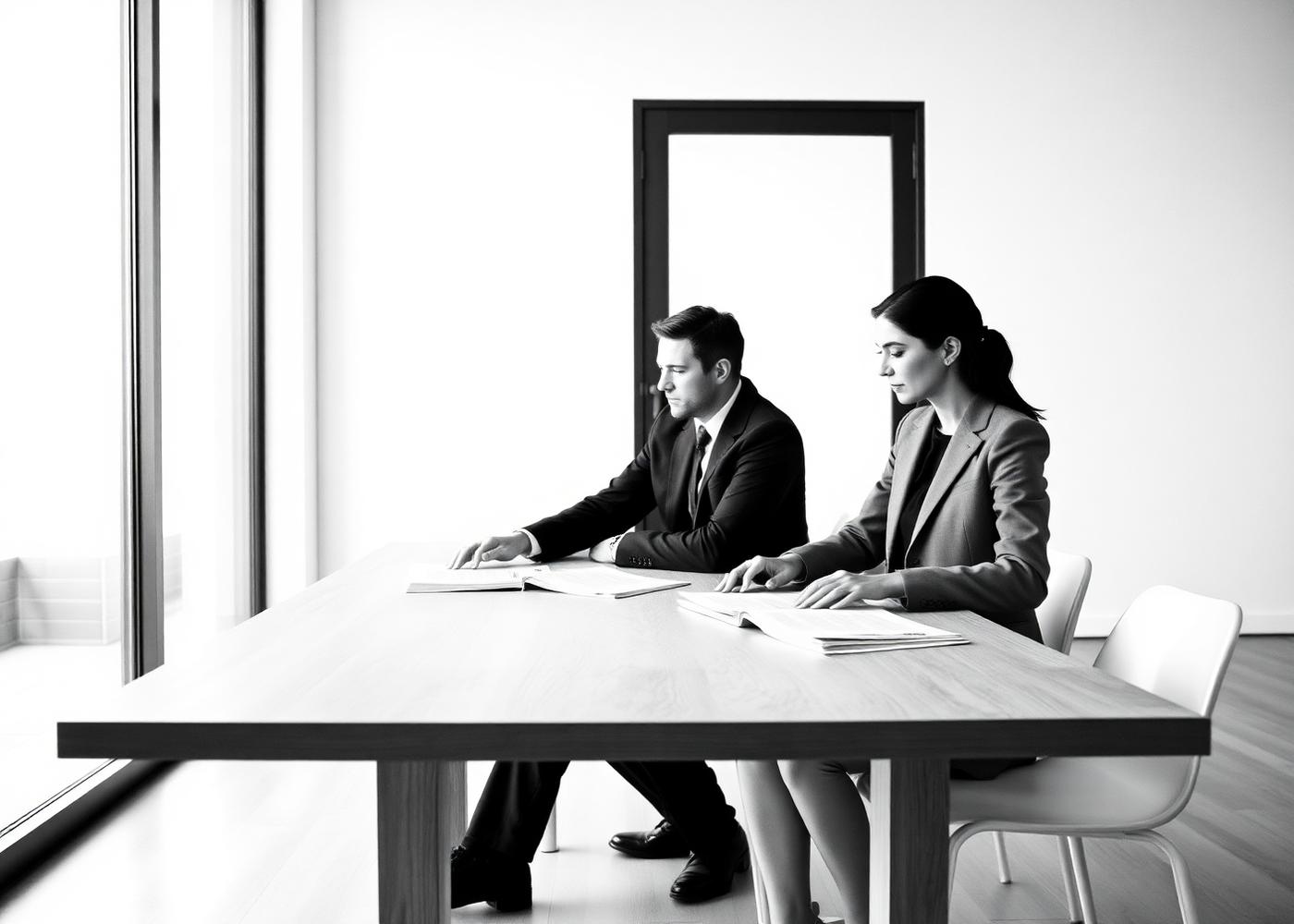 Two auditors reviewing documents at a long table by a sunlit window