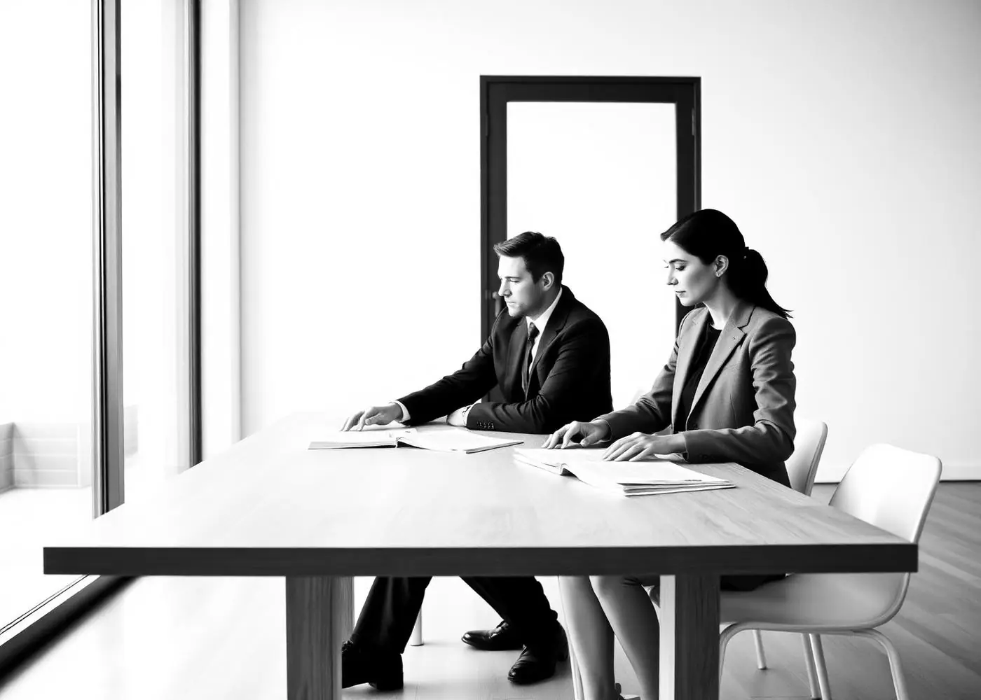 Two auditors reviewing documents at a long table by a sunlit window