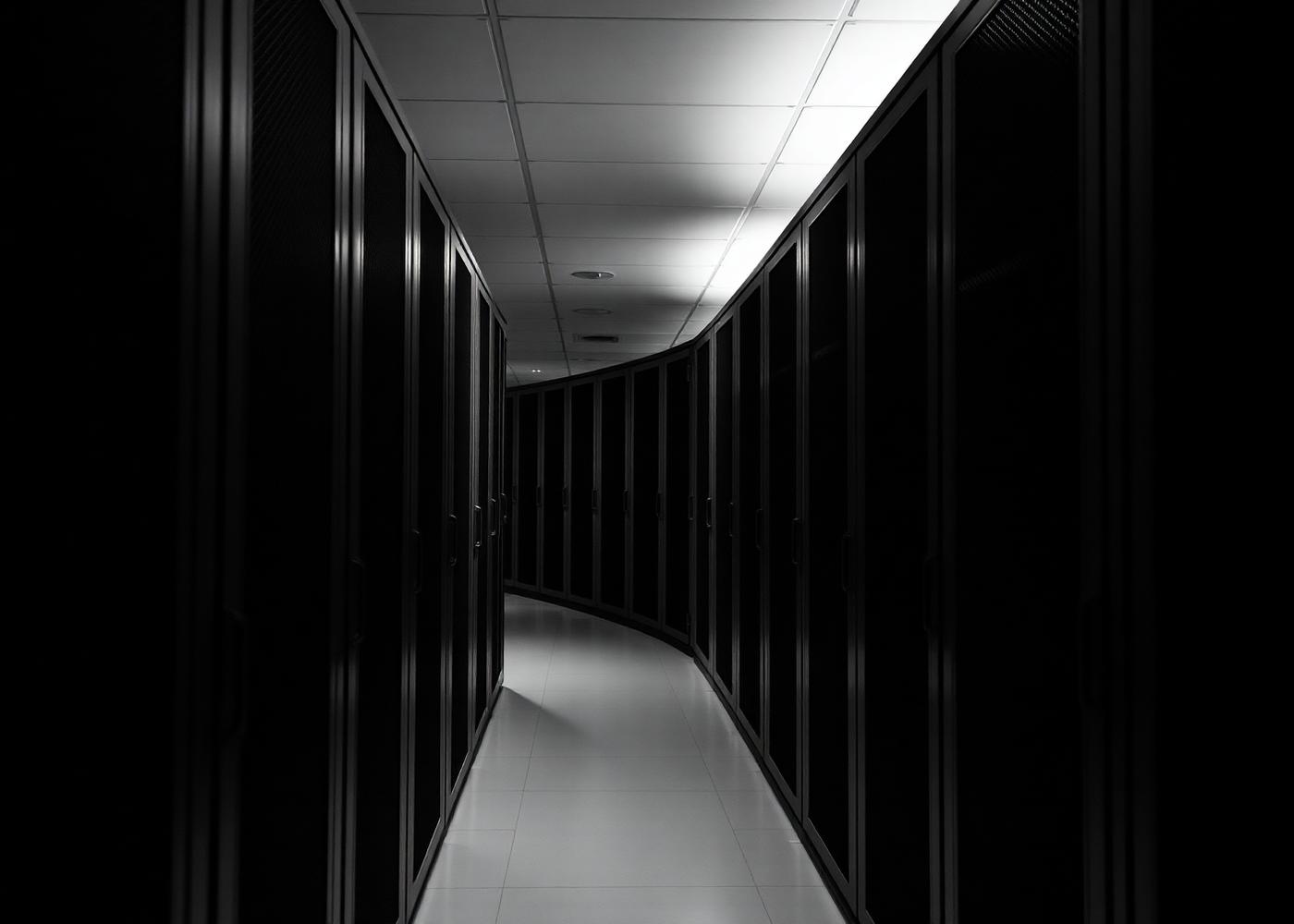 Server room corridor lit by overhead light